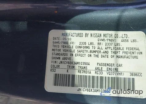2010 Infiniti G37 Journey from USA, damaged, VIN JN1CV6EK3AM103504